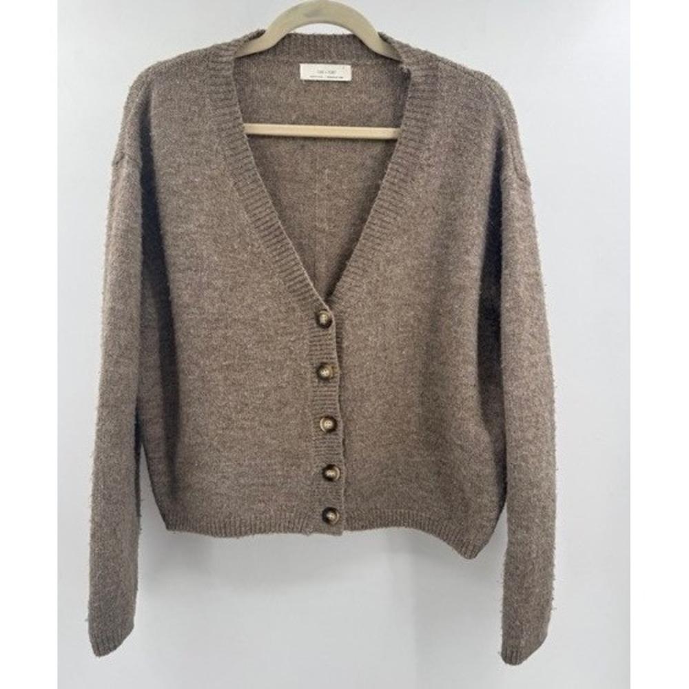 OAK + FORT Brown V-Neck Button Front Cardigan Sweater SMALL Minimalist Neutral